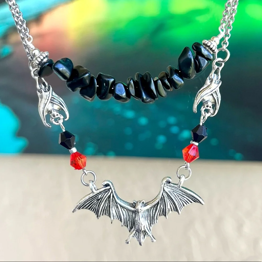 Silver Bat choker necklace . Double layer onyx chips & bats Handmade goth boho_14